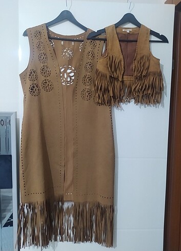 44 Beden camel Renk Anne - Kız nubuk püsküllü yelek kombini ????