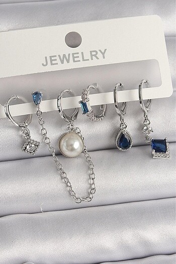 swarovski Mavi Pırlanta Taş Model Sallantılı Zincir Küpe Seti