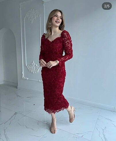 Çiçekli Elbise Üç Boyutlu Çiçek Desenli Elbise Bordo