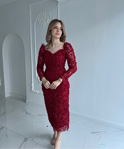Diğer Çiçekli Elbise Üç Boyutlu Çiçek Desenli Elbise Bordo