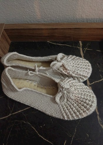 Kadın Bej Örgü Dolgu Topuklu Ev Terliği - Görsel 3