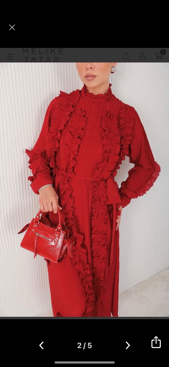 Uzun Kollu Kırmızı Etnik Desenli Salaş Elbise - Görsel 3