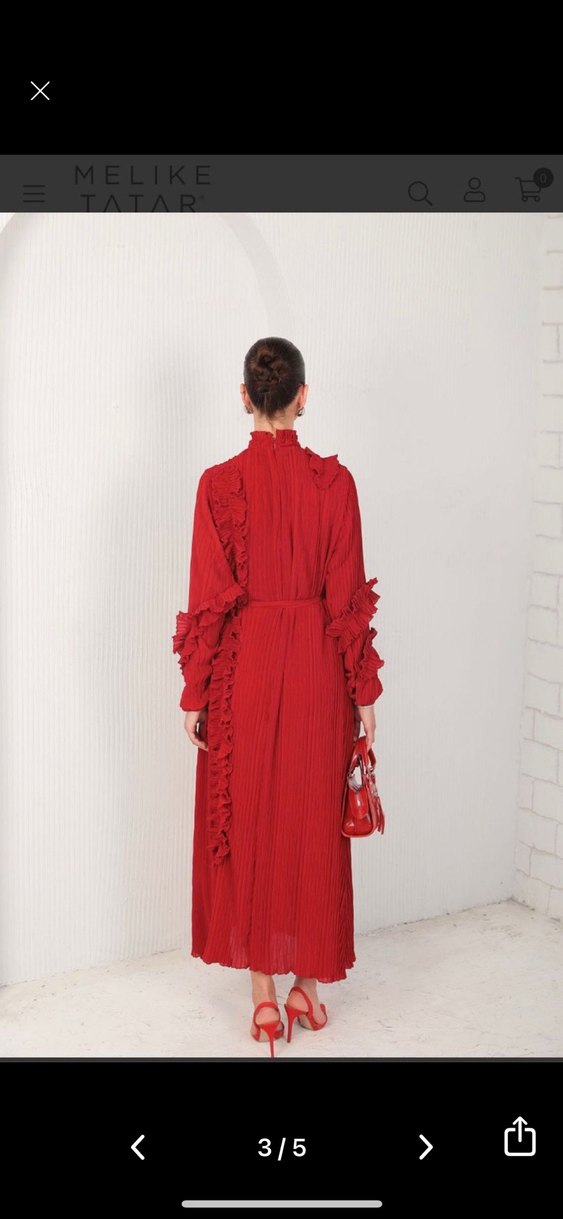 Uzun Kollu Kırmızı Etnik Desenli Salaş Elbise - Görsel 4