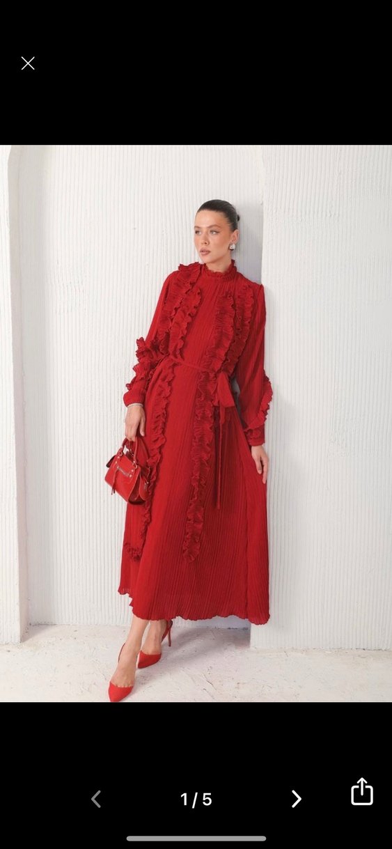 Uzun Kollu Kırmızı Etnik Desenli Salaş Elbise - Görsel 2