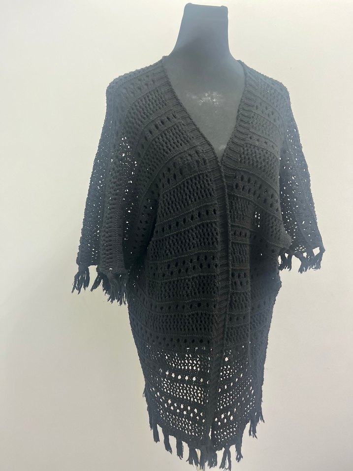 Siyah Uzun Örgü Bohem Hırka - Görsel 2