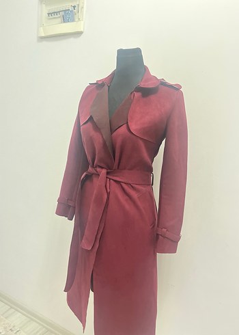 Bordo Kadın Süet Kuşaklı Trençkot - Görsel 3