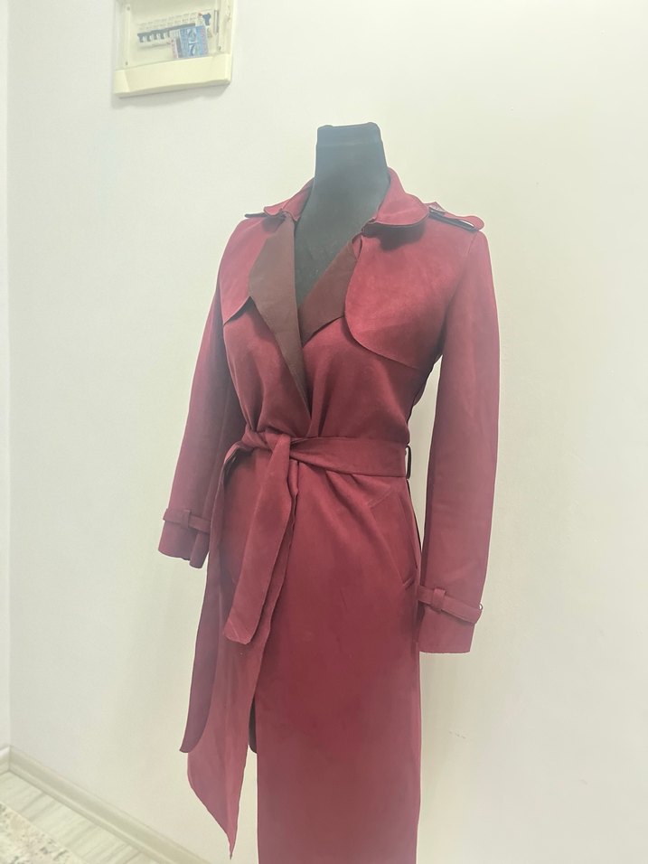 Bordo Kadın Süet Kuşaklı Trençkot - Görsel 3