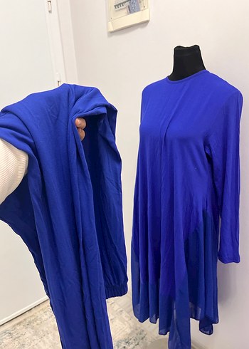 Drapeli Mavi Uzun Kollu Kadın Tunik - Görsel 3