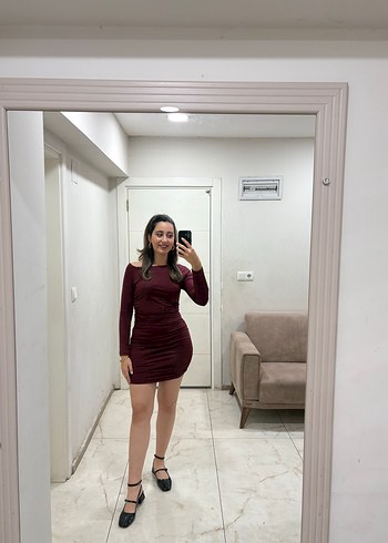 Bordo kayık Yaka elbise