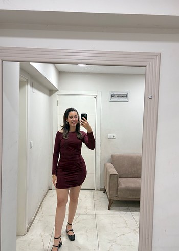 l Beden Bordo kayık Yaka elbise