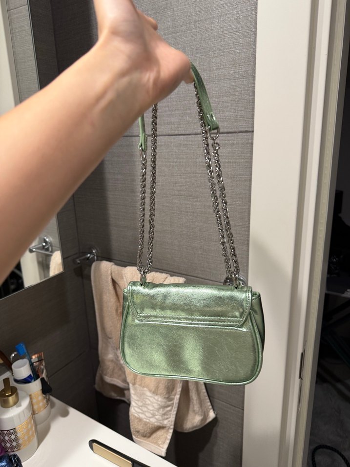 Yeşil Parlak Zincir Detaylı Deri Kadın Çanta - Görsel 3