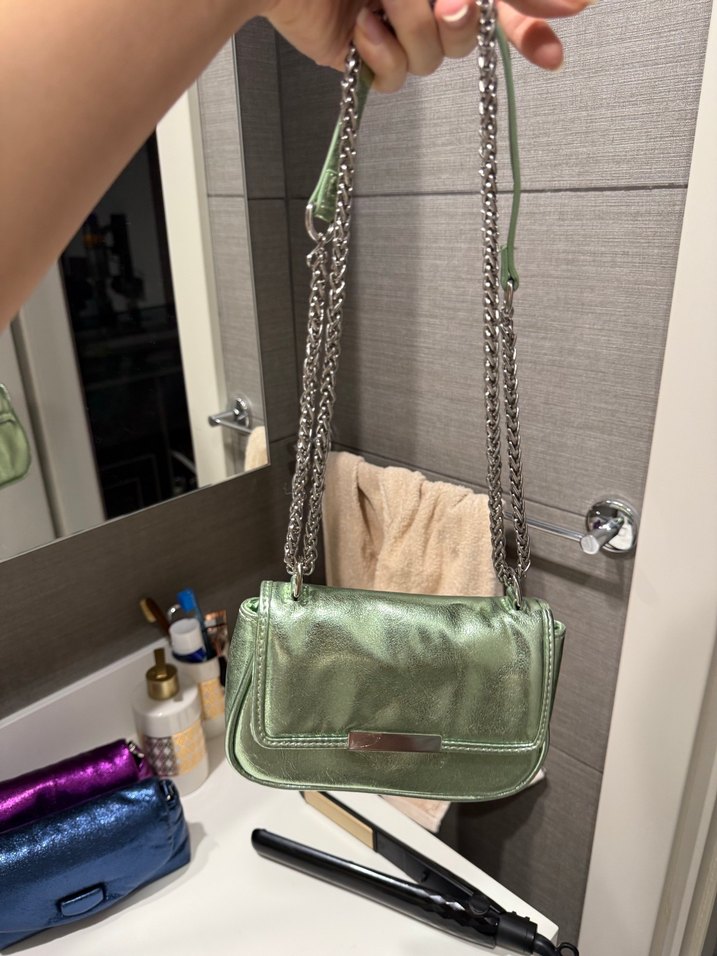 Yeşil Parlak Zincir Detaylı Deri Kadın Çanta - Görsel 5