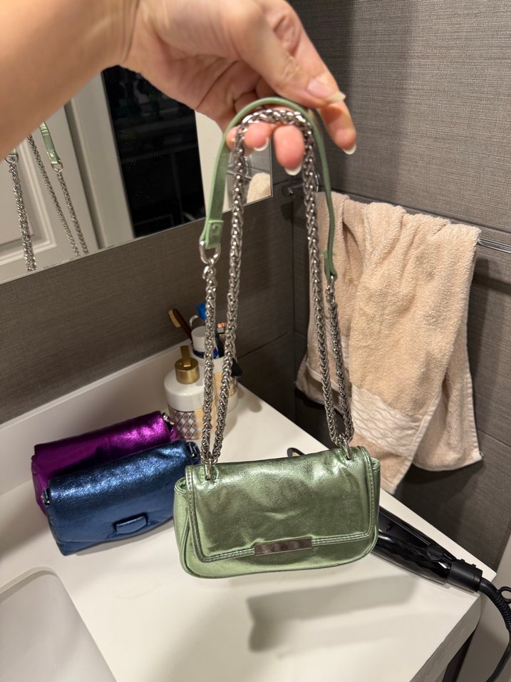 Yeşil Parlak Zincir Detaylı Deri Kadın Çanta - Görsel 2