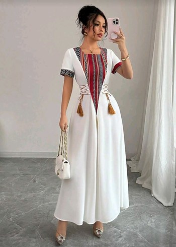 Sheinside Etnik Desenli Püsküllü Uzun Bohem Elbise