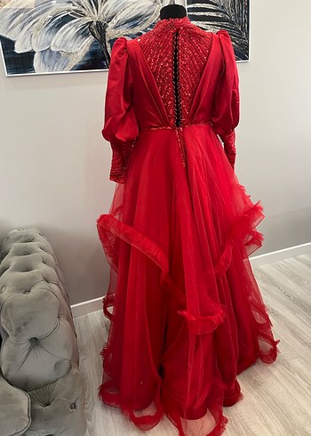 Uzun Kollu Kırmızı Drapeli Kadın Abiye - Görsel 3