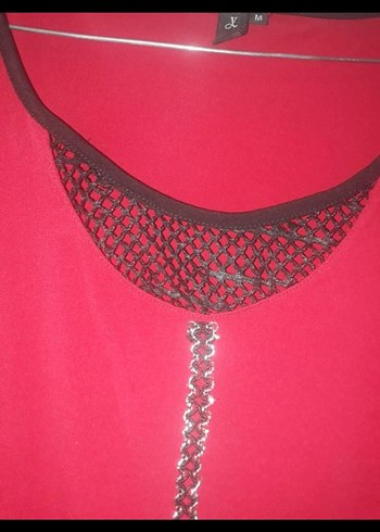 Kırmızı V Yaka Midi Deri Görünümlü Elbise - Görsel 5