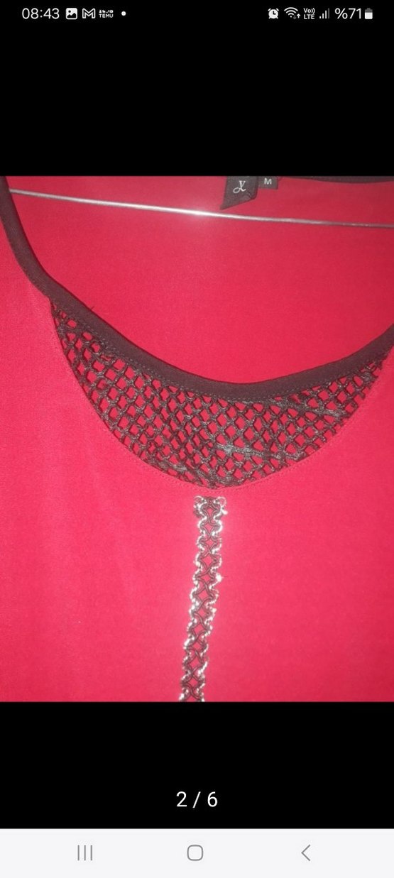 Kırmızı V Yaka Midi Deri Görünümlü Elbise - Görsel 5