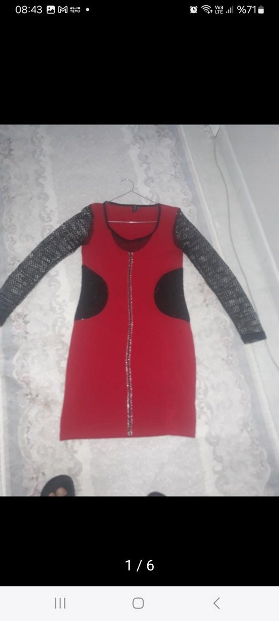 Kırmızı V Yaka Midi Deri Görünümlü Elbise - Görsel 2