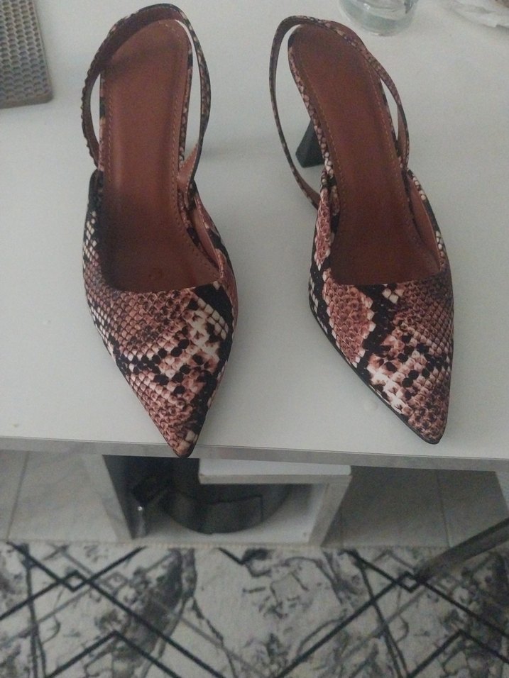 Kahverengi Deri Yılan Desenli Stiletto - Görsel 3