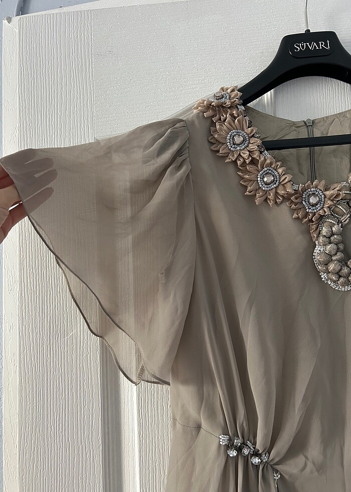 Gri Midi Boy Taşlı/Detaylı Elbise - Görsel 3