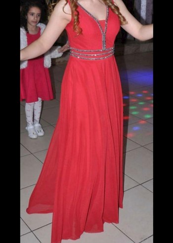 Kırmızı V Yakalı Uzun Henna Elbise - Görsel 4