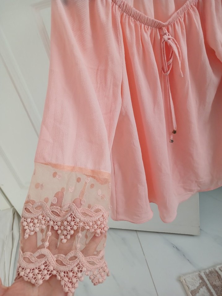 Dantel Detaylı Pembe Bohem Kadın Bluz - Görsel 2
