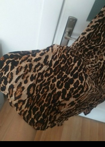m Beden Kahverengi Leopar Desenli Uzun Bohem Elbise