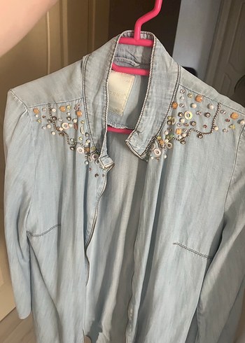 Gri Nakışlı Denim Kadın Gömlek