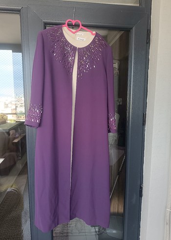 Mor Uzun Kollu Kadın Abiye Elbise