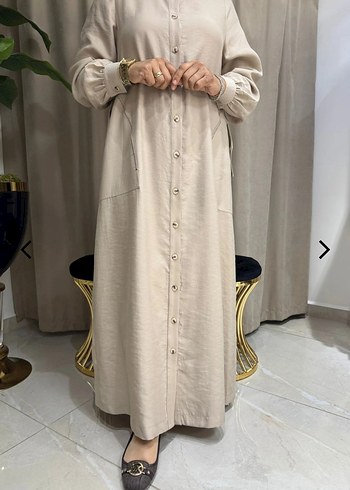 Düğmeli Bej Keten Uzun Elbise nurcan çetin marka - Görsel 2