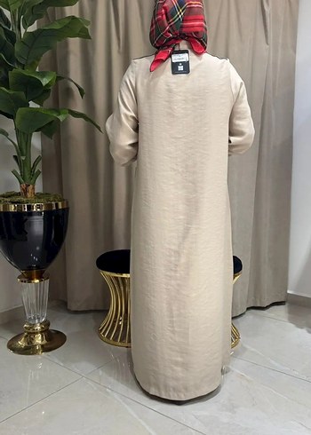 Düğmeli Bej Keten Uzun Elbise nurcan çetin marka - Görsel 4