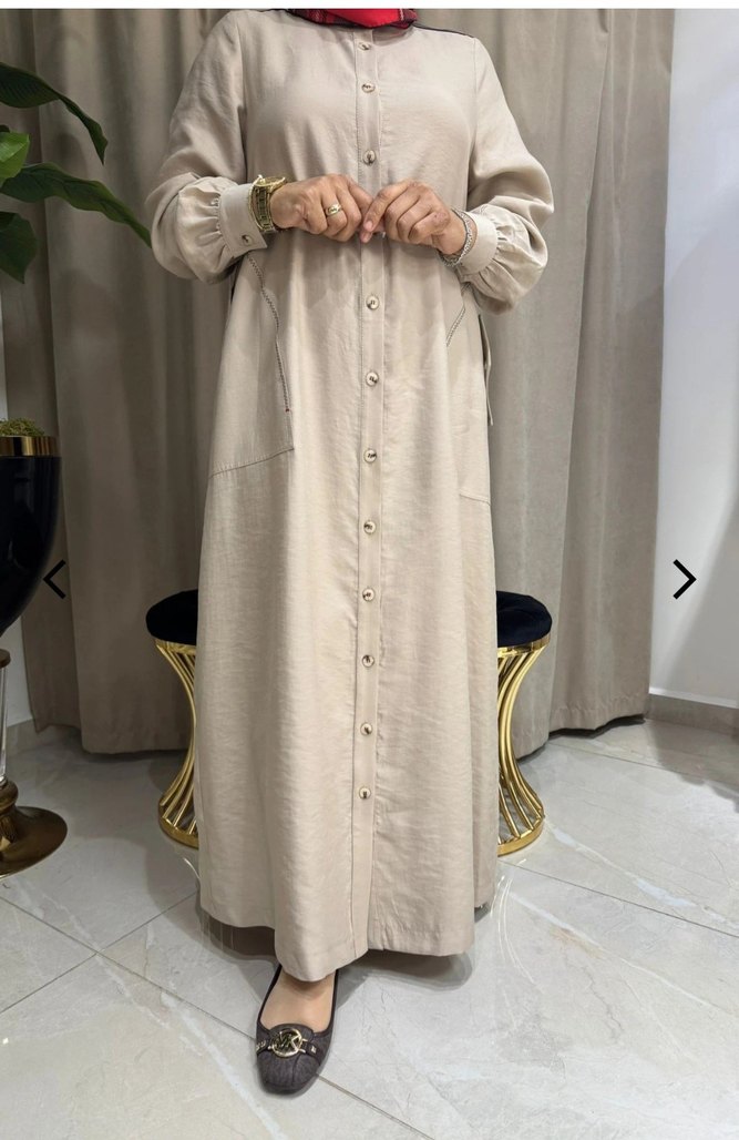 Düğmeli Bej Keten Uzun Elbise nurcan çetin marka - Görsel 2