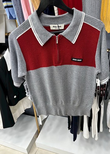 Miu miu Kısa Kollu Gri Fitilli Polo Tişört