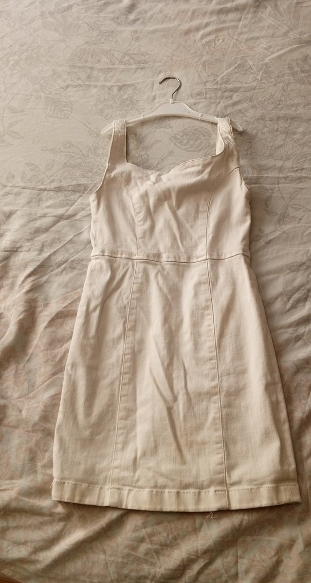 Beyaz Kolsuz Midi Keten Elbise - Görsel 2