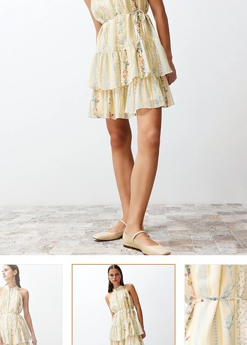 Sarı Çiçekli Volanlı Mini Elbise - Görsel 3