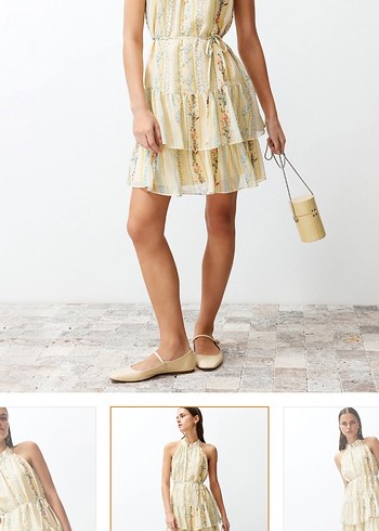 Sarı Çiçekli Volanlı Mini Elbise - Görsel 2