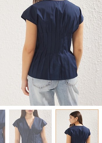 Piliseli V Yaka Kolsuz Lacivert Bluz - Görsel 5