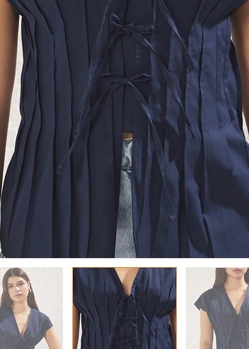 Piliseli V Yaka Kolsuz Lacivert Bluz - Görsel 3