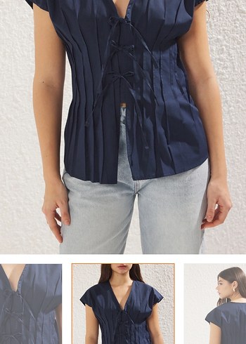 Piliseli V Yaka Kolsuz Lacivert Bluz - Görsel 4