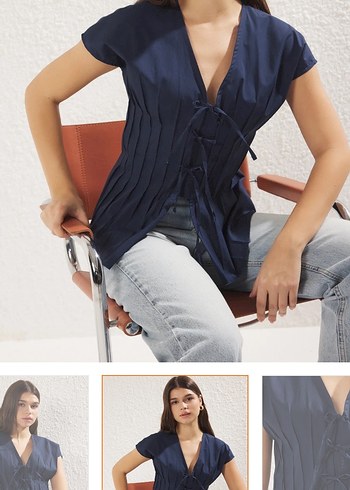 Piliseli V Yaka Kolsuz Lacivert Bluz - Görsel 2