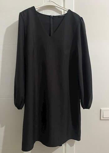 Uzun Kollu Siyah Midi V Yaka Elbise - Görsel 2