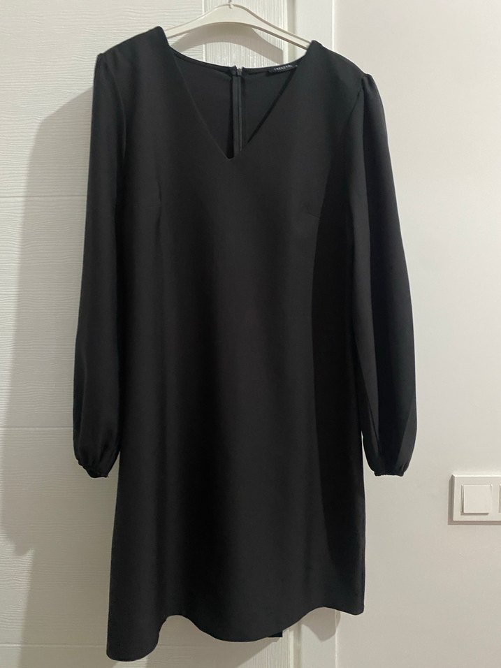 Uzun Kollu Siyah Midi V Yaka Elbise - Görsel 2