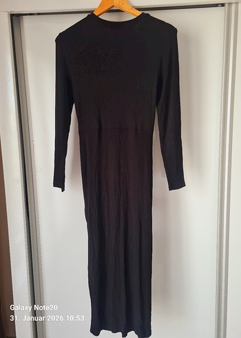 Uzun Kollu Siyah Drapeli Keten Elbise - Görsel 2