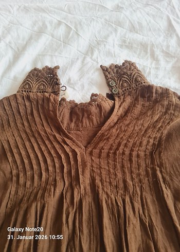 Bej Bohem Nakışlı Örgü Keten Bluz - Görsel 6