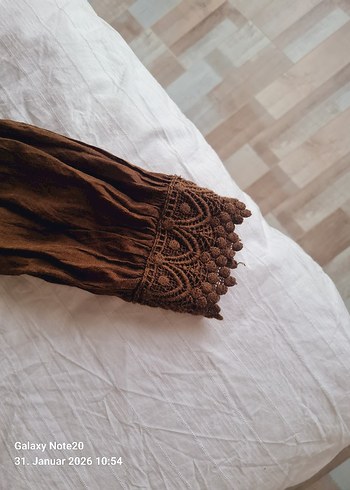 Bej Bohem Nakışlı Örgü Keten Bluz - Görsel 3