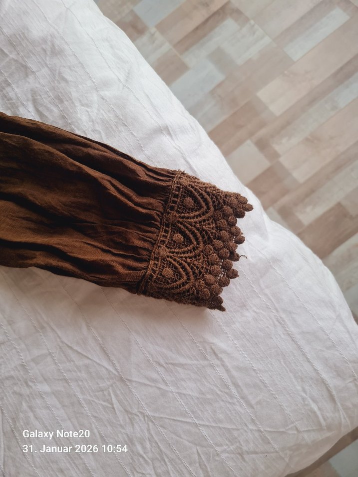 Bej Bohem Nakışlı Örgü Keten Bluz - Görsel 3