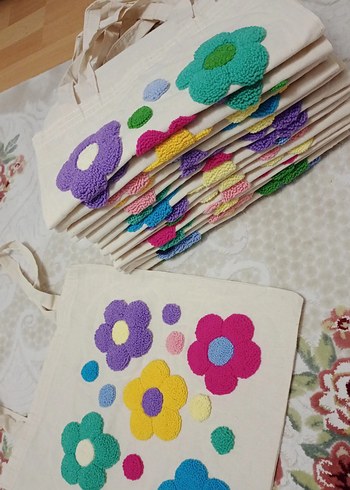 Punch işleme Renkli Çiçekli bez canta - Görsel 3