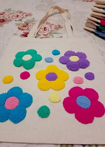 Punch işleme Renkli Çiçekli bez canta - Görsel 4