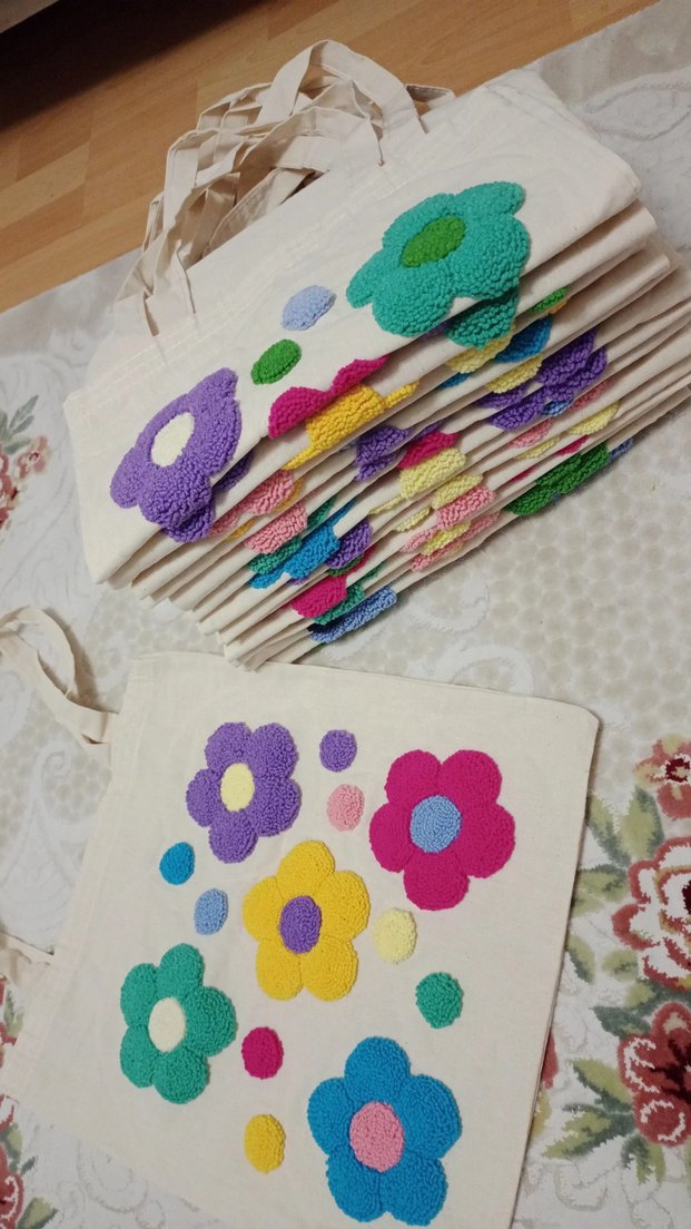 Punch işleme Renkli Çiçekli bez canta - Görsel 3