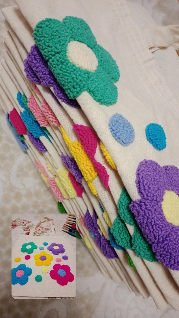 Punch işleme Renkli Çiçekli bez canta - Görsel 5